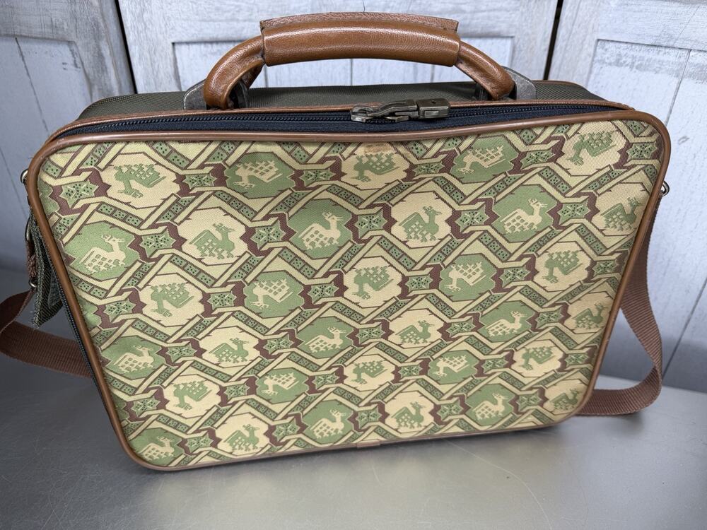 Vintage 60s Deer Tapestry Carry On Bag Mini Suitcase Shoulder Strap Leather